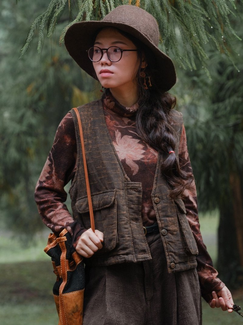 木櫟 香雲紗夾棉馬夾馬甲 簡約復古馬夾 - 女大衣/外套 - 絲．絹 咖啡色