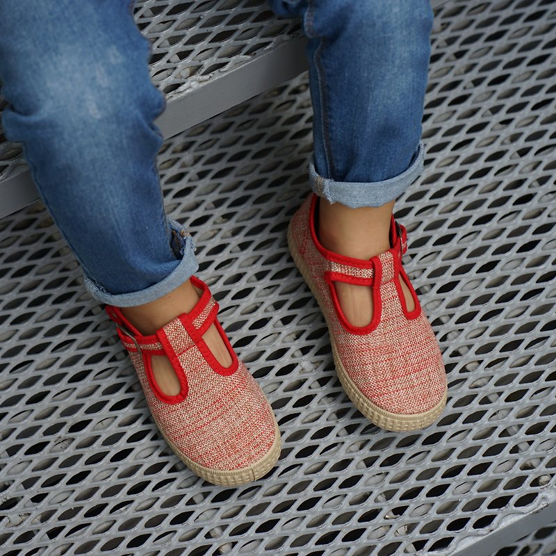 西班牙帆布鞋 CIENTA 紅色 喬治小王子51005 金蔥布料 童鞋 T字款 - 童裝鞋 - 棉．麻 紅色
