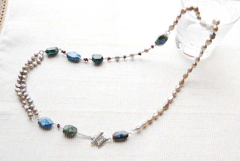Chrysocolla tumble long necklace - สร้อยคอยาว - เครื่องเพชรพลอย สีน้ำเงิน