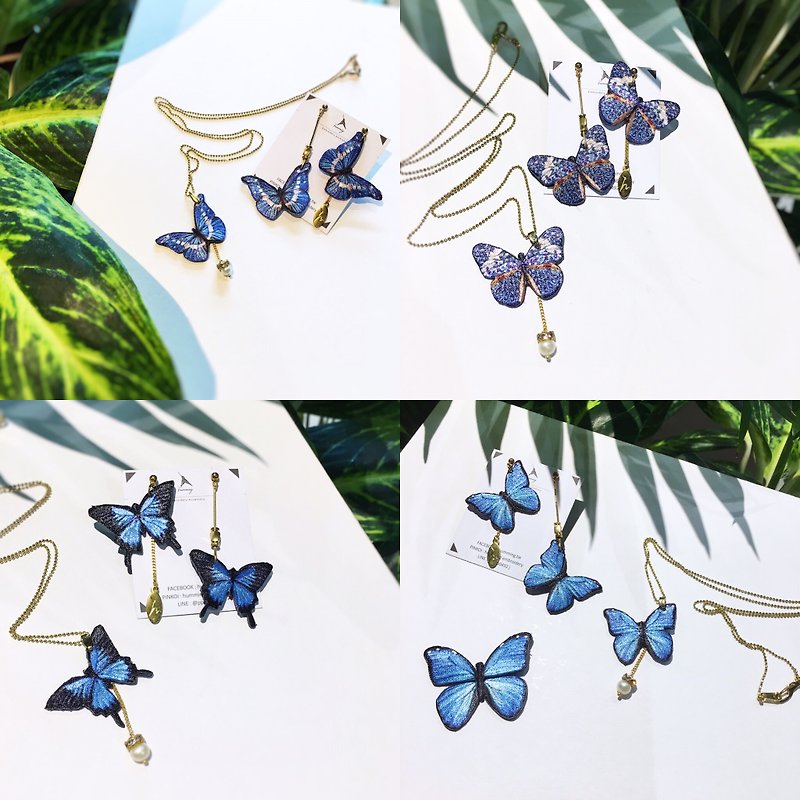 Exclusive-humming embroidery earrings necklace set-butterfly blue - Earrings & Clip-ons - Thread Blue