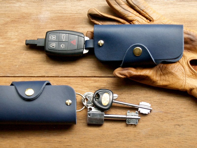 手工真皮鑰匙包 (附掛鉤/客製化刻印/禮盒包裝) 男生禮物生日禮物 - 鑰匙圈/鑰匙包 - 真皮 藍色