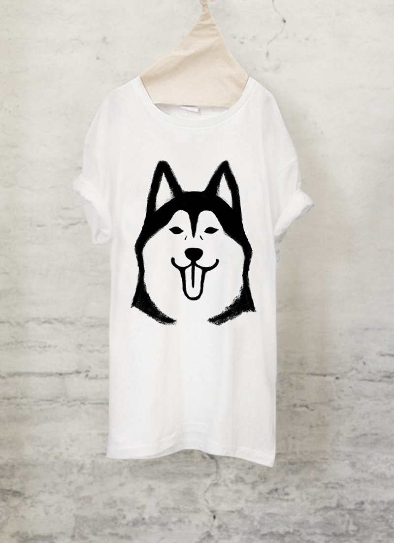 シベリアンハスキー Tシャツ  Siberian husky T-shirt (White/Gray)【DOG】 - T 恤 - 棉．麻 白色
