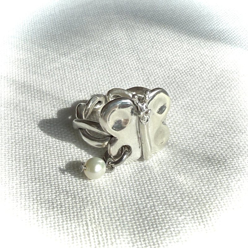 蝴蝶掛珠珠活圍戒指 - 戒指 - 純銀 銀色