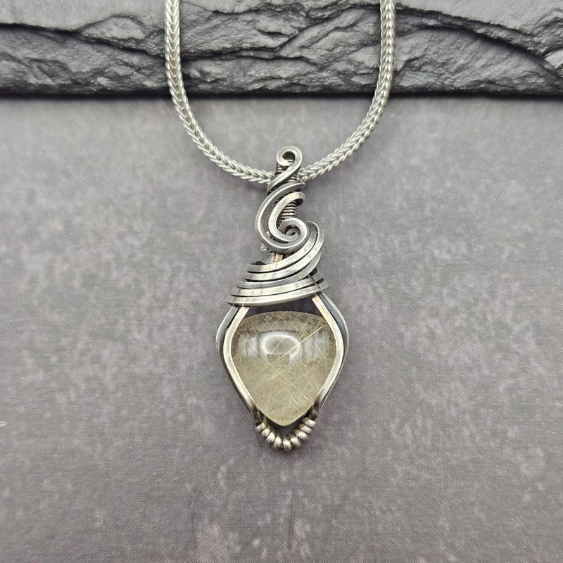 Golden Rutilated Quartz Wire Wrapped Pendant , Silver , Oxidized - สร้อยคอ - เงินแท้ สีทอง