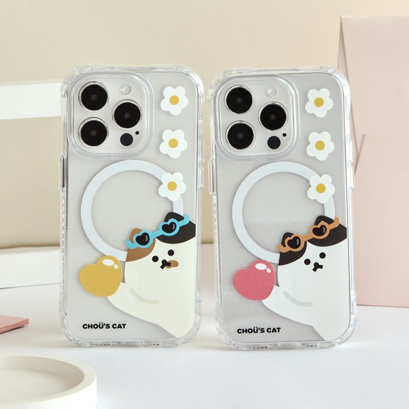 Zhou's Meow Meow Flower Party Fights Yellow Anti-fall MagSafe iPhone Case - เคส/ซองมือถือ - พลาสติก สีใส