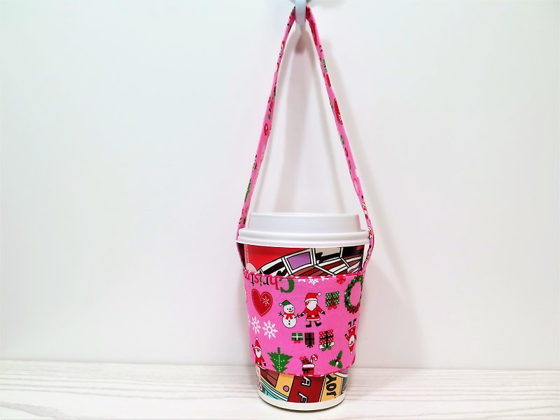 聖誕節專屬/環保飲料杯套.提袋.日本限量印花棉布-繽紛粉紅 - 杯袋/飲料提袋 - 棉．麻 粉紅色