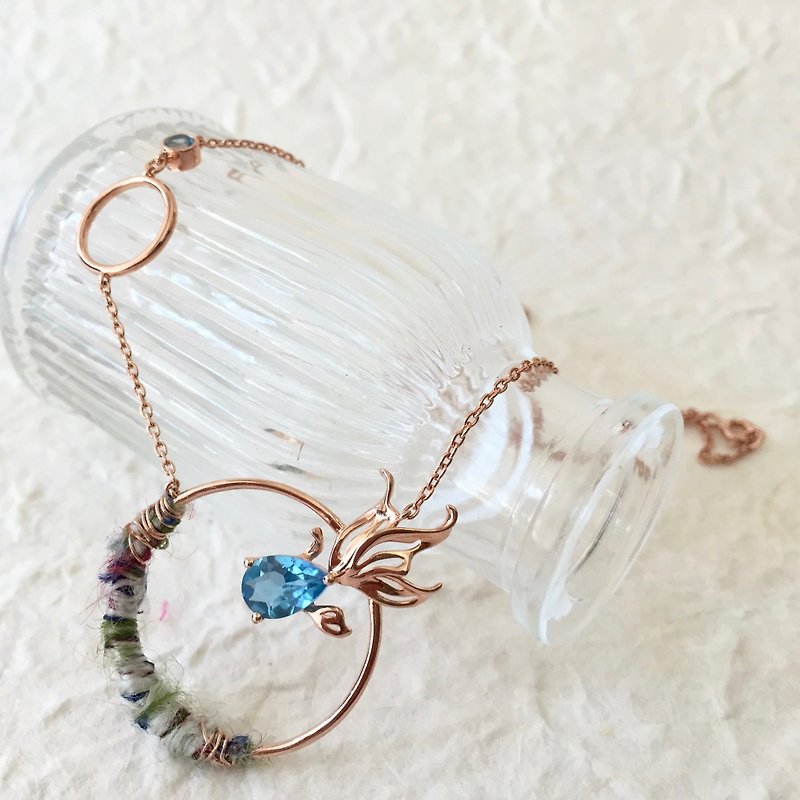 Collaboration limited - Ryukin - Swiss Blue Topaz with Sari silk Silver Necklace - Necklaces - Gemstone Blue
