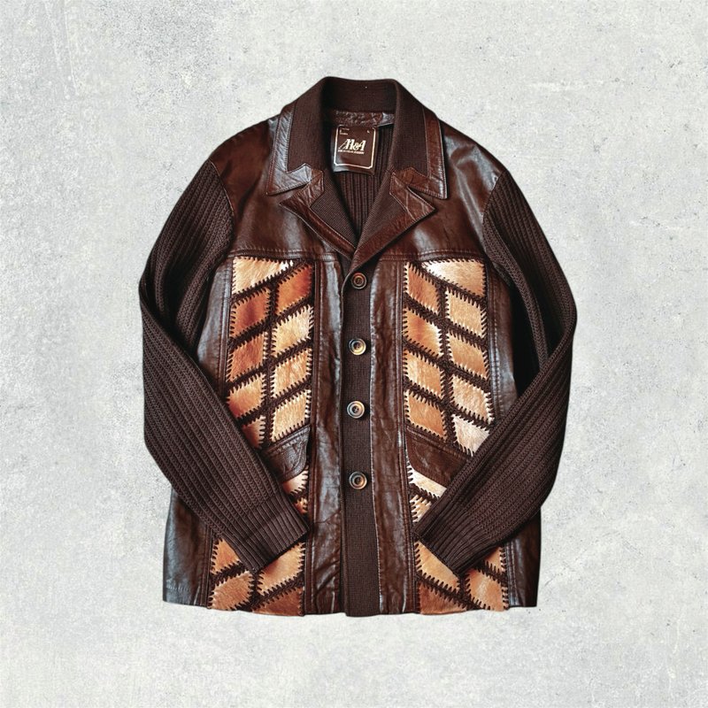 ヴィンテージ ヒッピースタイル ニット レザーパッチワーク アニマルファー ジャケット - ジャケット - その他の素材 