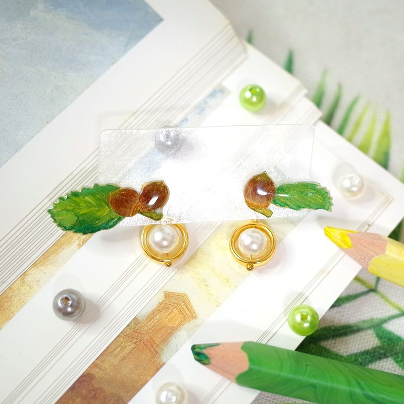 青剛櫟 繪畫貼耳耳環 耳夾/耳針 - 耳環/耳夾/耳骨夾 - 防水材質 咖啡色