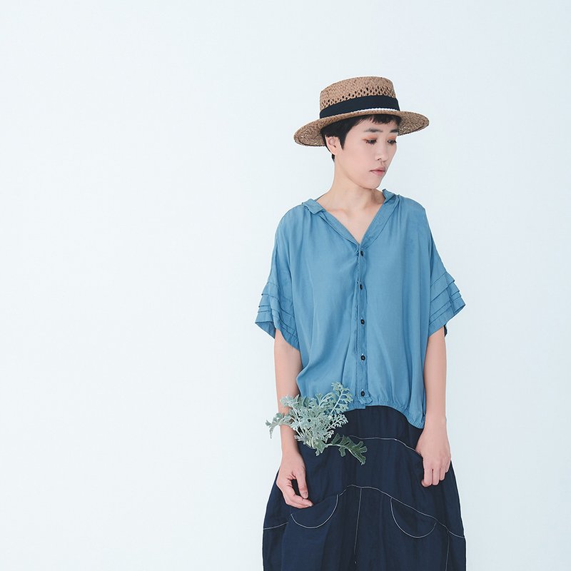 Cool Multi-Layer Pleated Short Sleeve Shirt - เสื้อเชิ้ตผู้หญิง - ผ้าฝ้าย/ผ้าลินิน สีน้ำเงิน