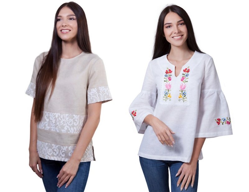 Elegant and Fashionable White Linen Embroidered Women's Blouse for Any Occasion - 女裝 上衣 - 亞麻 白色