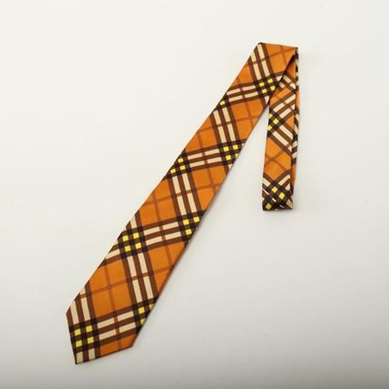 silk checked pattern brown tie necktie - เนคไท/ที่หนีบเนคไท - ผ้าไหม สีส้ม