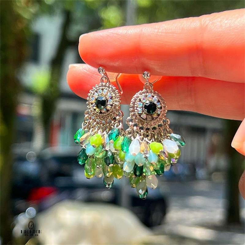 The Wizard of Oz ~ niche design diamond crystal green tassel earrings high-end mosquito coil ear clip earrings - Earrings & Clip-ons - Other Materials 