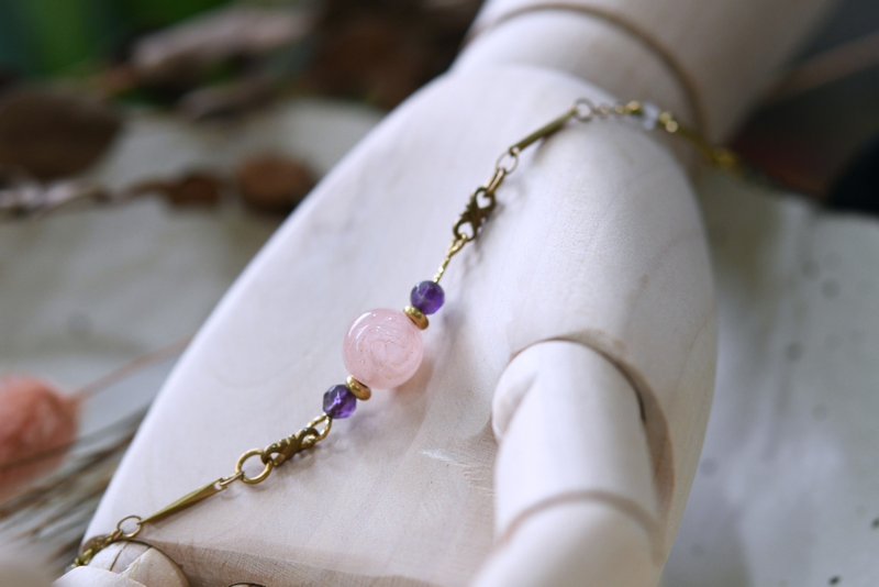 Pink Rose│Pink Quartz x Bronze Bracelet - สร้อยข้อมือ - ทองแดงทองเหลือง 