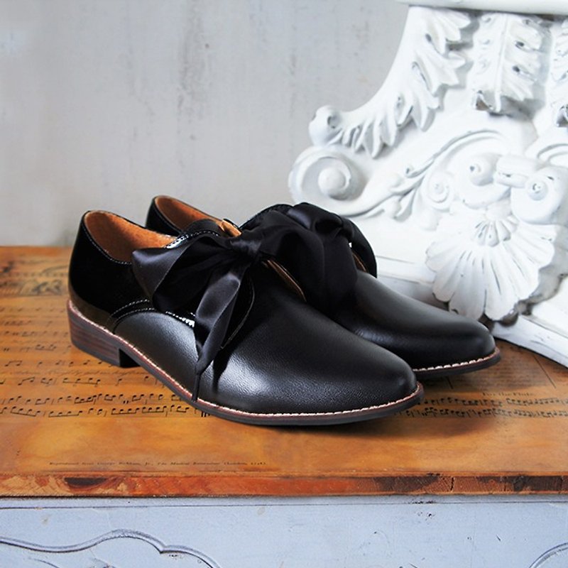 GT full leather black ribbon double play Oxford shoes - รองเท้าอ็อกฟอร์ดผู้หญิง - หนังแท้ สีดำ