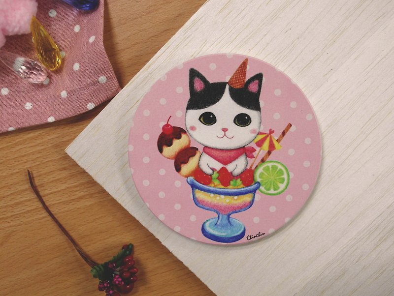 ChinChin Hand-painted Cat Ceramic Water-absorbing Coaster-Strawberry Sundae - ที่รองแก้ว - วัสดุอื่นๆ สึชมพู