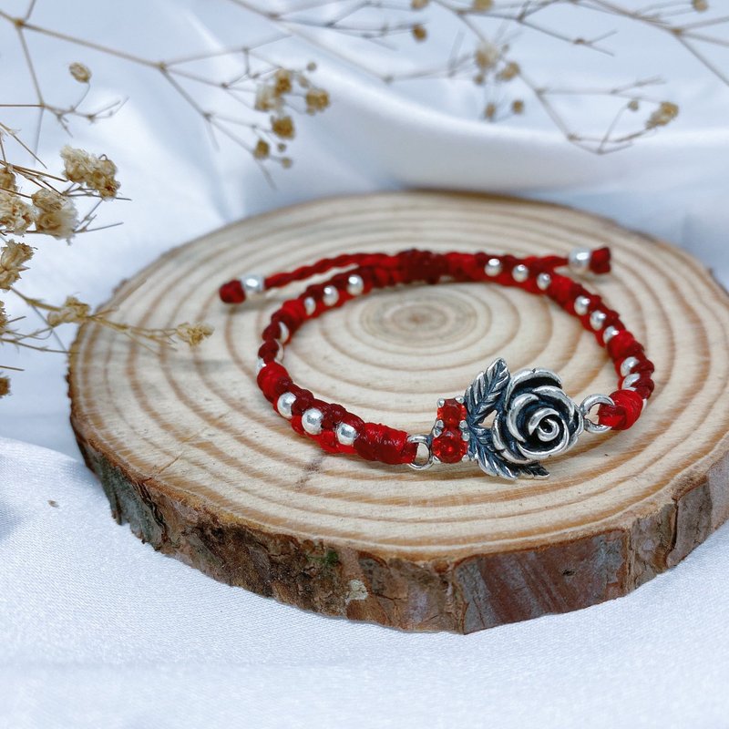 Rose wood mirrored rose guardian customized lucky bracelet silk Wax thread sterling silver - Bracelets - Sterling Silver Red