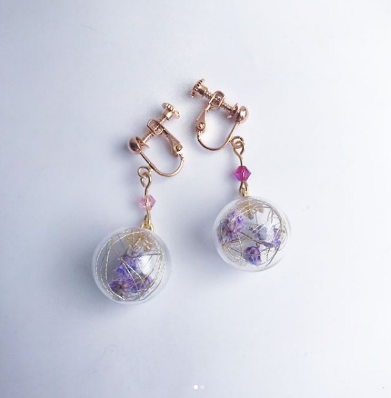 乾燥花玻璃球耳環【小紫金】 - 耳環/耳夾 - 玻璃 紫色