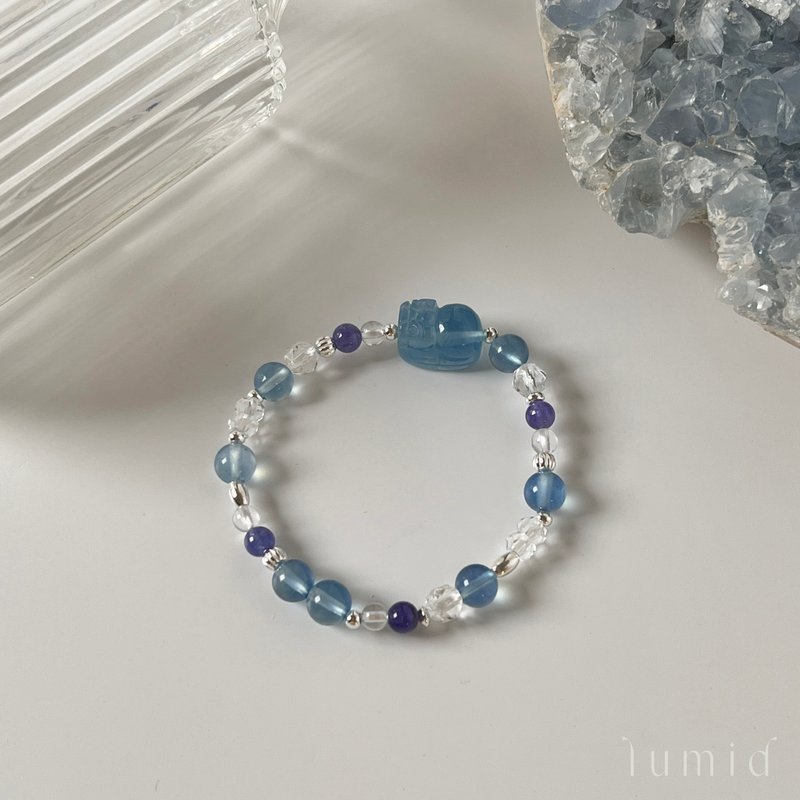 Aquamarine Pixiu Aquamarine Tanzanite White Crystal/Natural Crystal Bracelet Natural Stone Bracelet - สร้อยข้อมือ - คริสตัล สีน้ำเงิน