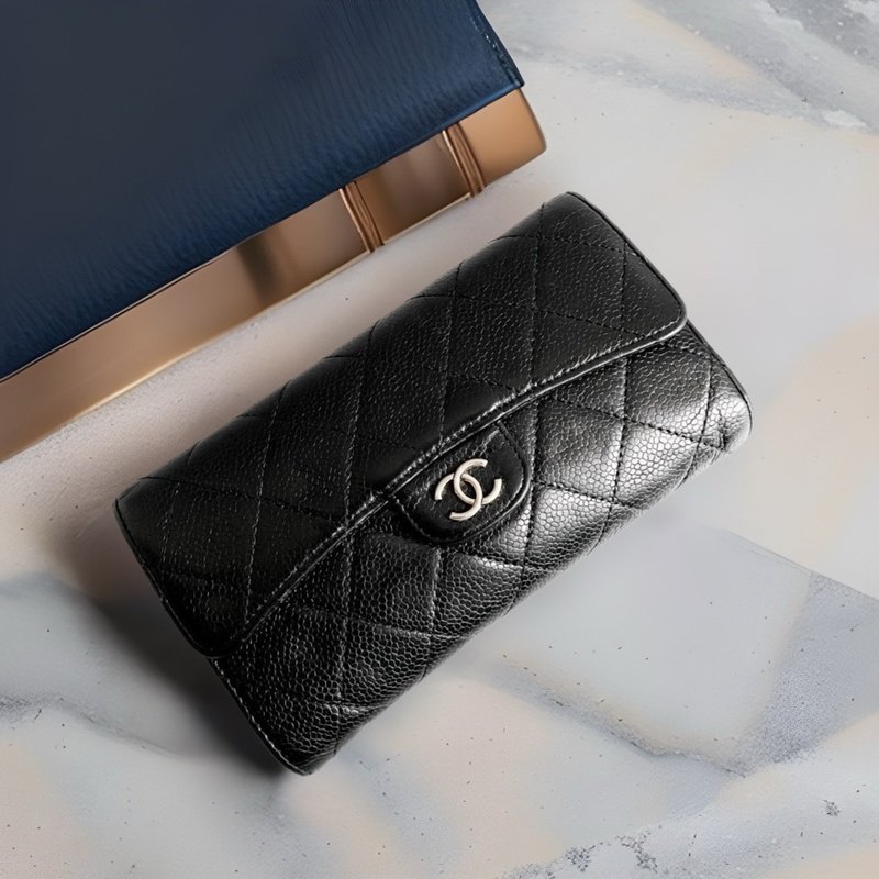 Second-hand Chanel black caviar leather long silver wallet side crossbody single shoulder long clip handbag WOC - กระเป๋าแมสเซนเจอร์ - หนังแท้ สีดำ