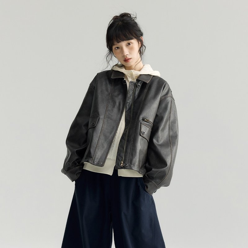 大翻領皮衣夾克|外套|兩色|秋款|Sora-1902 - 女大衣/外套 - 其他人造纖維 多色