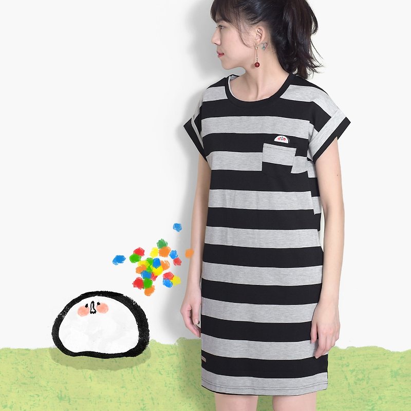 [Last one] ink ink small girl - voyeur stripe thick pound long dress - One Piece Dresses - Cotton & Hemp Gray