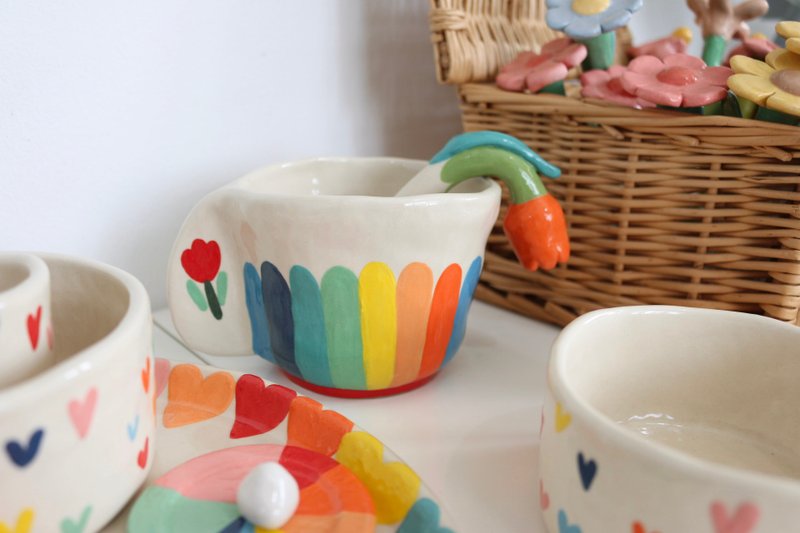 Cup Ceramic Rainbow with Orange Spoon - 花瓶/花器 - 陶 多色