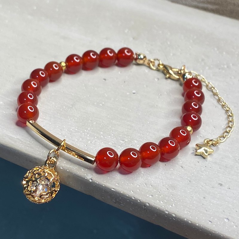 14k gold-packed plain gold tube Stone hollow ball onyx bracelet bracelet JYL next-hand made - Bracelets - Crystal Red