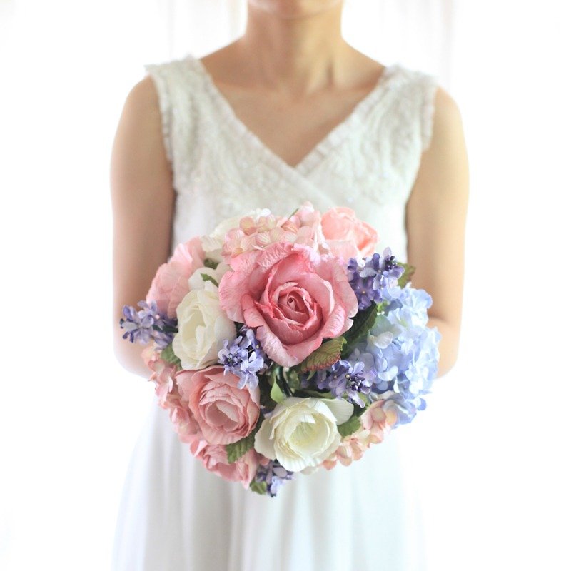 MB209 : ช่อดอกไม้เจ้าสาว สำหรับถือในงานแต่งงาน ในโทนสีชมพูฟ้าพาสเทล - งานไม้/ไม้ไผ่/ตัดกระดาษ - กระดาษ สึชมพู