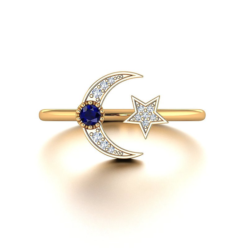 18k White Gold Moon and Star Diamond Ring Band, Crescent Custom Jewelry, R034 - แหวนทั่วไป - เพชร สีใส