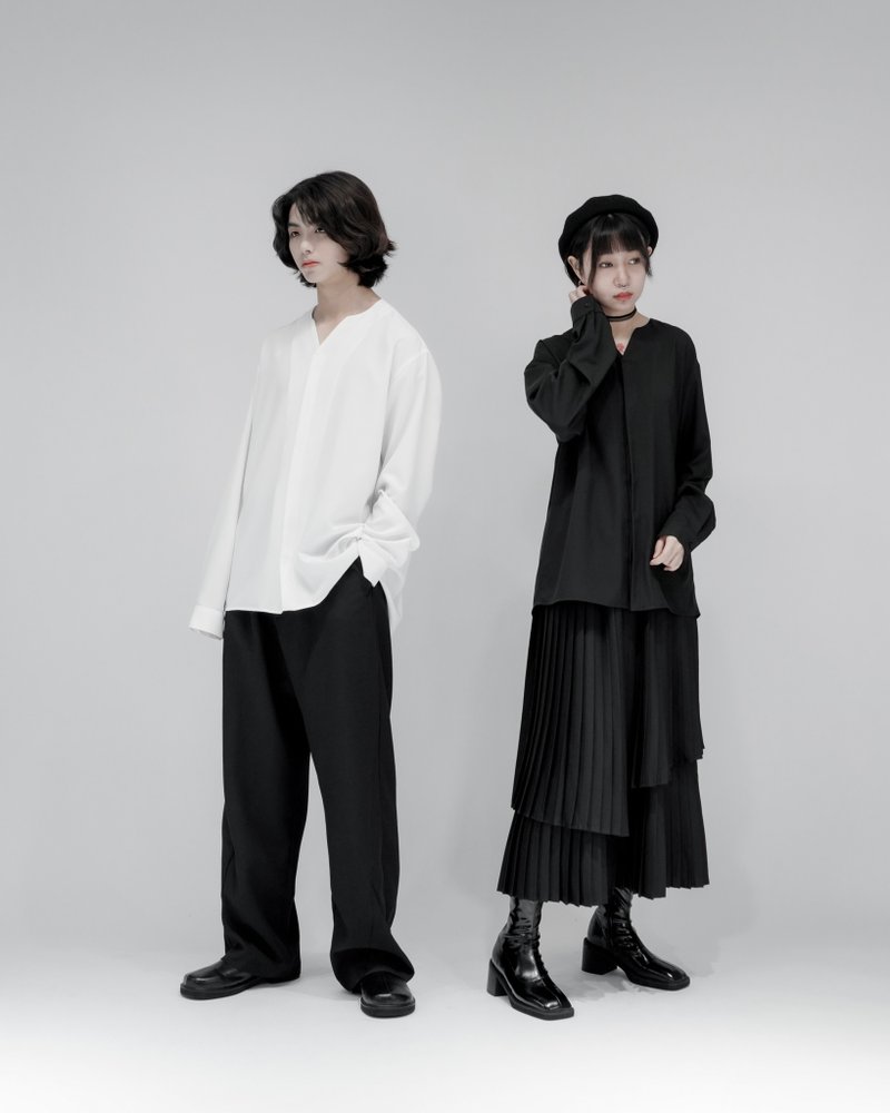 MUKK DESIGN V領隱藏釦長袖襯衫-白 - 男襯衫/休閒襯衫 - 聚酯纖維 白色