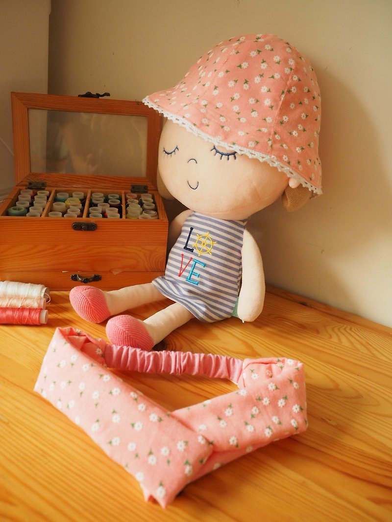 彌月禮物 雙面粉色小白碎花嬰兒小孩帽子及成人彈性髮帶禮物套裝 - 滿月禮物 - 棉．麻 粉紅色