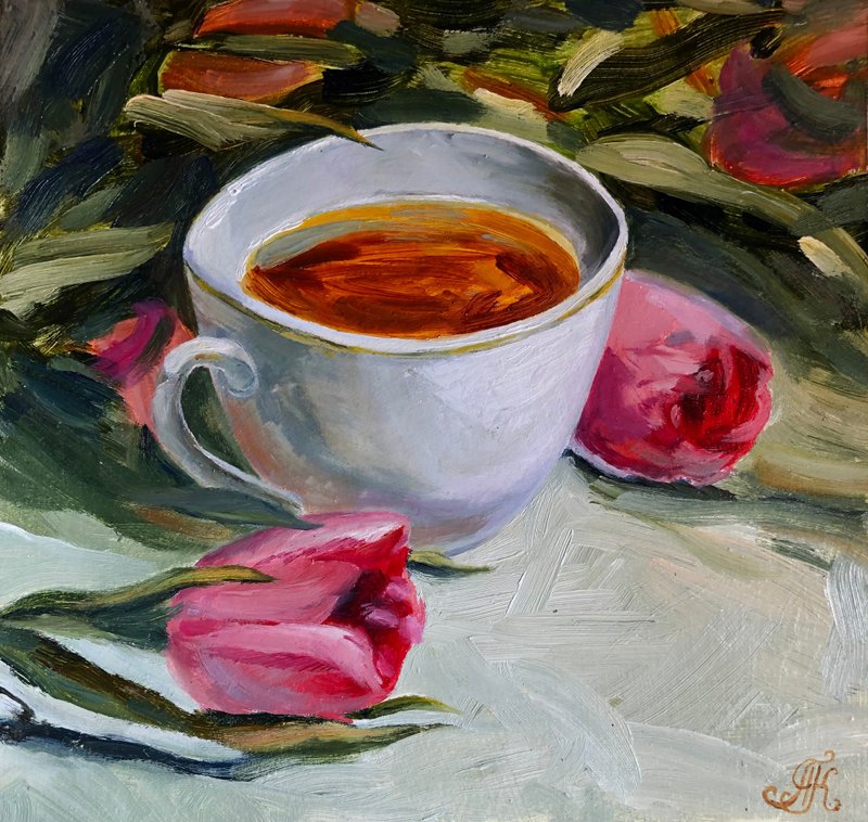 Cup of tea and tulips still life wall art 8x8 inches Original oil painting - Wall Décor - Paper Multicolor