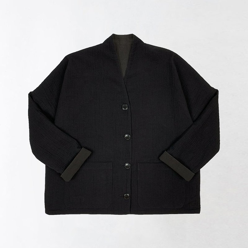Black and dark iron gray. Small stand-up collar double-sided coat - เสื้อแจ็คเก็ต - ผ้าฝ้าย/ผ้าลินิน 