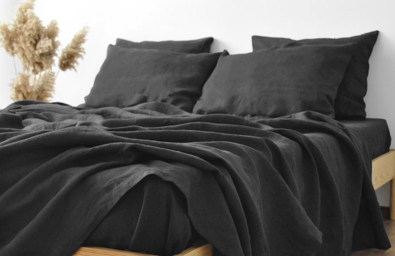 Charcoal linen sheet set / Flat+fitted sheet+2 pillowcases / Gray bedding - 寢具/床包 - 亞麻 灰色