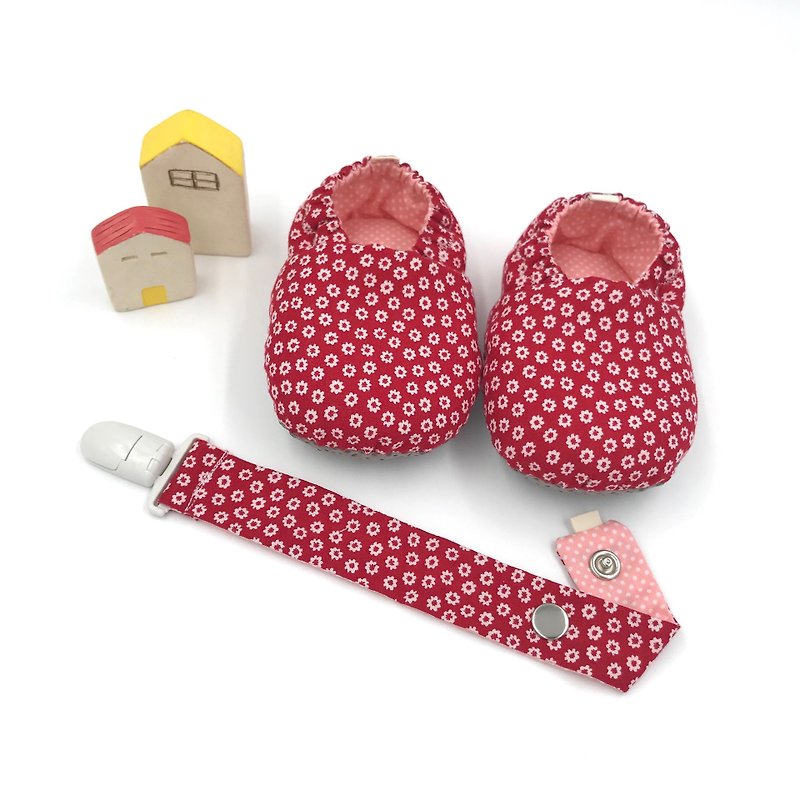 Small red flower - toddler shoes / baby shoes / baby shoes + nipple clip - ของขวัญวันครบรอบ - ผ้าฝ้าย/ผ้าลินิน สีแดง