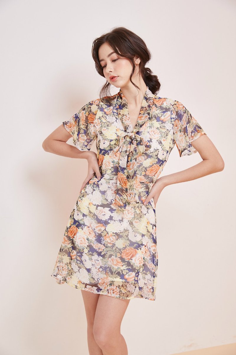【Off-Season Sales】Belle skater dress (garden bloom) - 洋裝/連身裙 - 棉．麻 白色