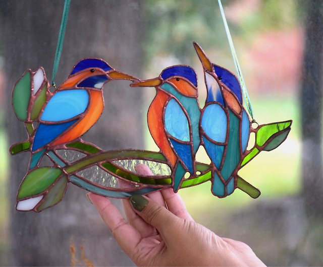 ステンドグラスの鳥のサンキャッチャー-窓のサンキャッチャーカワセミ