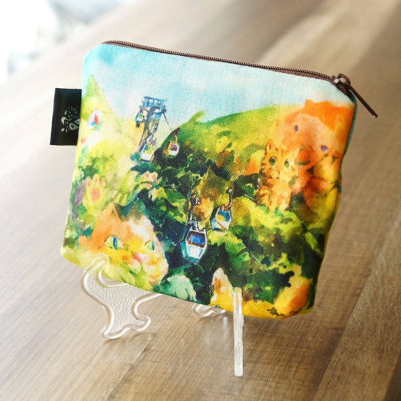 Watercolor Illustration Wind Change / Cosmetic Bag <Kitten New Wave Travel - Cat Empty - Coin Purses - Other Materials Green