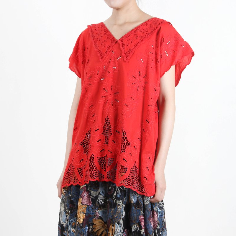 (Eggs and plants vintage) tomato embroidered half-sleeve vintage shirt - Women's Tops - Polyester Red