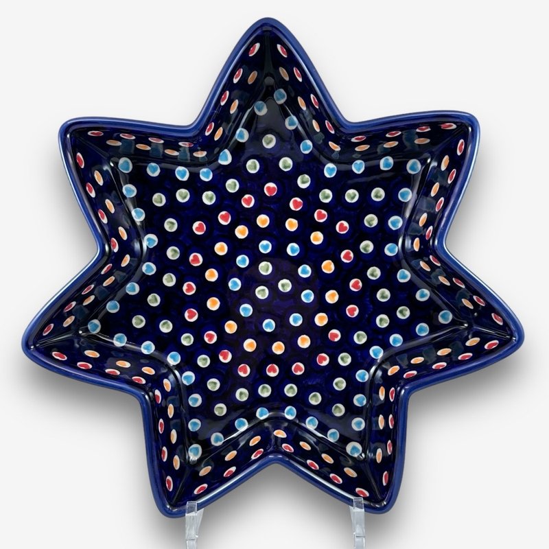 波蘭手繪手工陶-星星造型大碗 30cm 文青彩心系列 設計師款 - 碗 - 陶 藍色