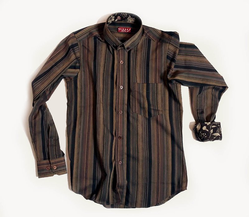 Wooden color striped handmade shirt Shirt coffee - Men's Shirts - Cotton & Hemp Brown
