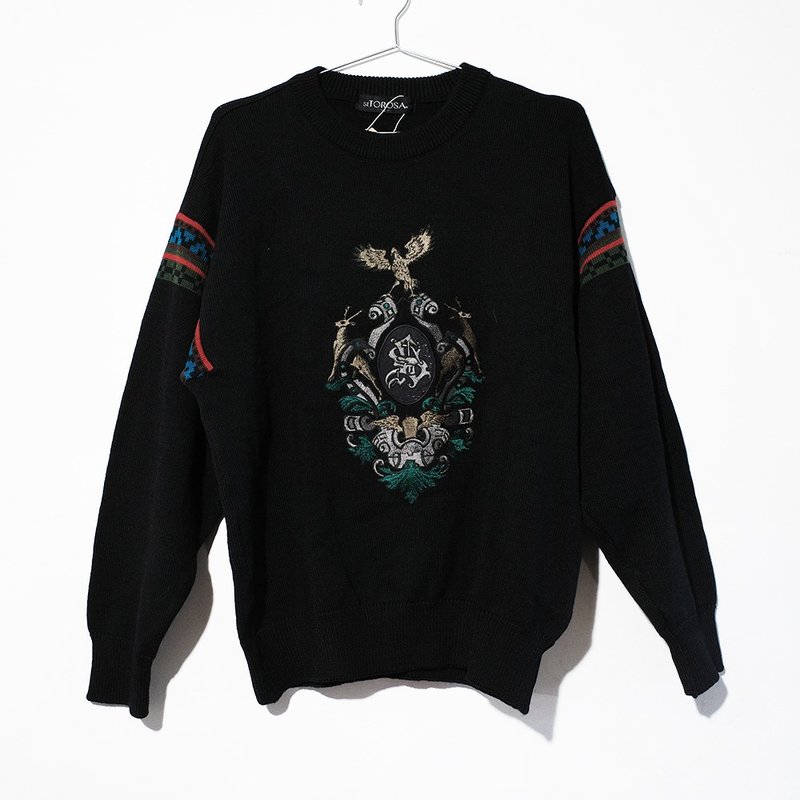 Retro sweater vintage sweater vintage sweater 100% pure wool family crest patch R00342 - สเวตเตอร์ผู้ชาย - ขนแกะ สีดำ