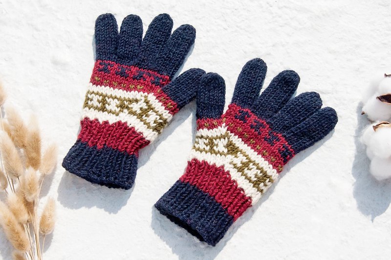 手織羊毛針織手套/針織純羊毛保暖手套/全指手套-東歐風藍色圖騰 - 手套/手襪 - 羊毛 多色