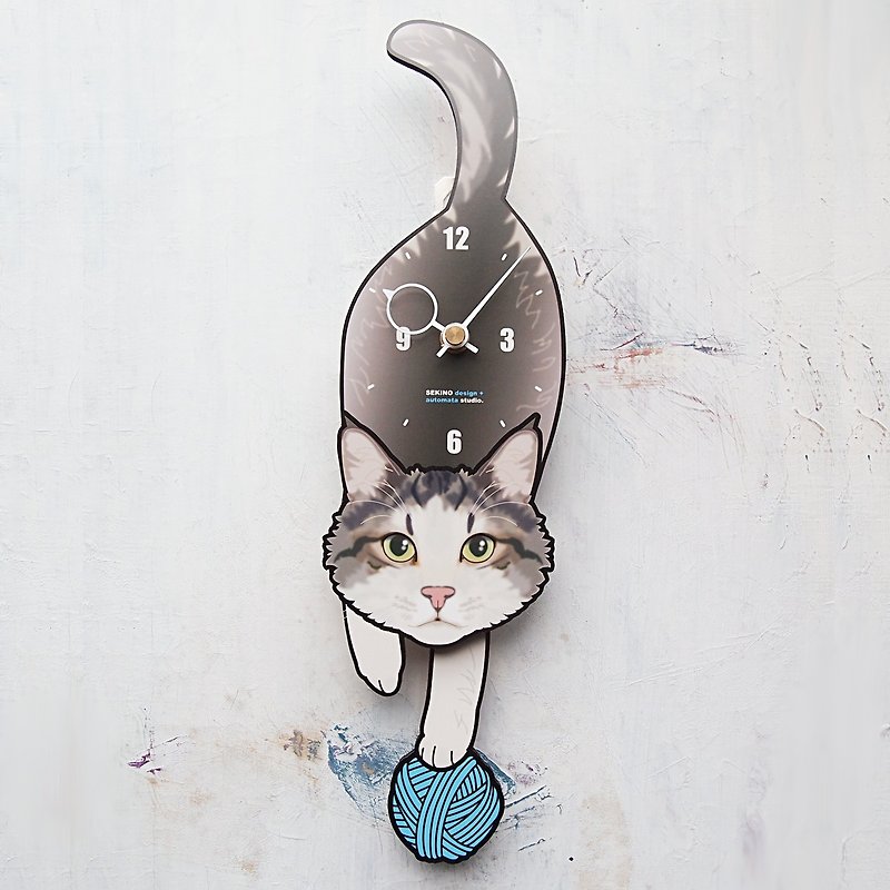 C-50 Gray‐White cat(Long hair) - Pet's pendulum clock - นาฬิกา - ไม้ 