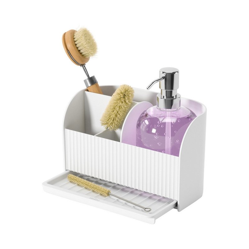 【Umbra】Sling Hand Wash Can + Brush Sponge Drain Rack (Cloud White) - Dish Detergent - Rubber Gray