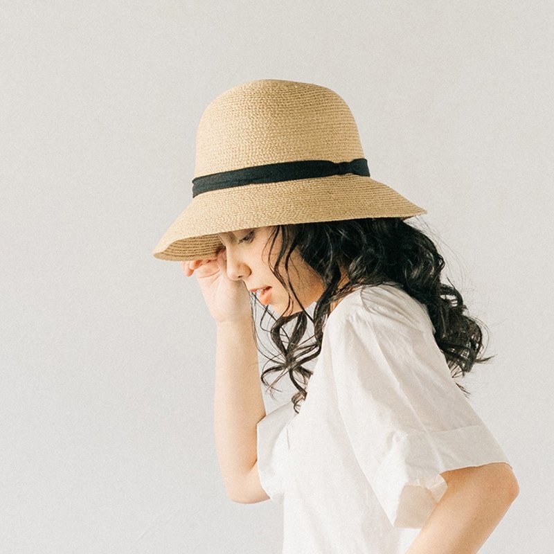 Raffia Hat, Natural Material, Linen, Ribbon, Black, Light Brown, Hat, Straw Hat, - หมวก - วัสดุอื่นๆ สีดำ