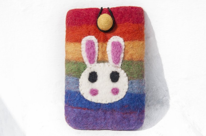Wool felt mobile phone pouch/wool felt storage bag/coin purse/ leisure card holder/wool felt wallet-embroidered rabbit - Phone Cases - Wool Multicolor