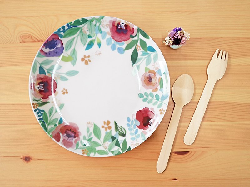 Colorful watercolor wreath 8-inch bone china plate - Plates & Trays - Porcelain Multicolor