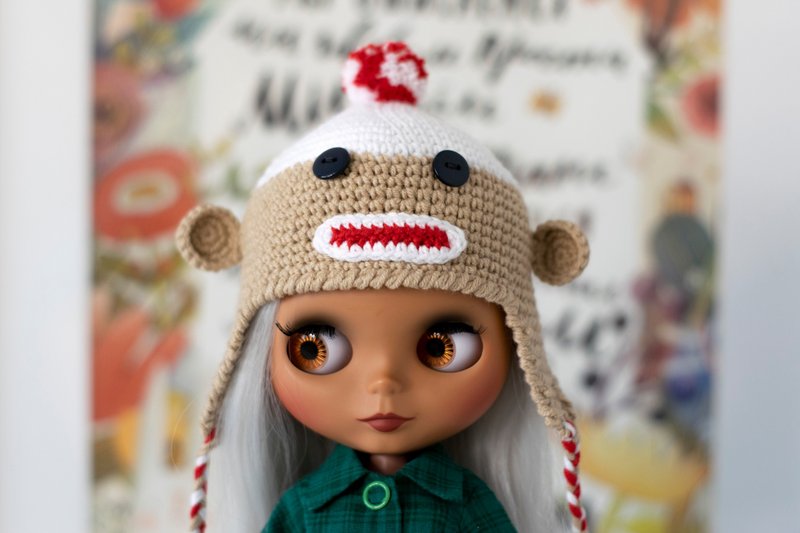 Monkey hat for Blythe, Pullip doll, knitted cap, doll accessories, 娃娃针织衣服, 娃娃帽 - 玩偶/公仔 - 棉．麻 咖啡色
